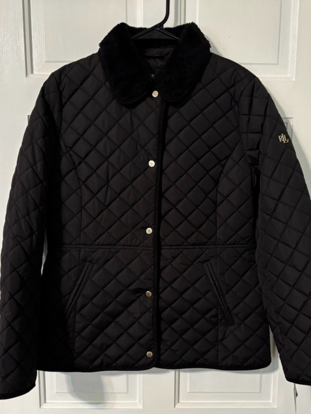 Ralph Lauren Black Quilted Puffer Jacket with Faux Fur Collar